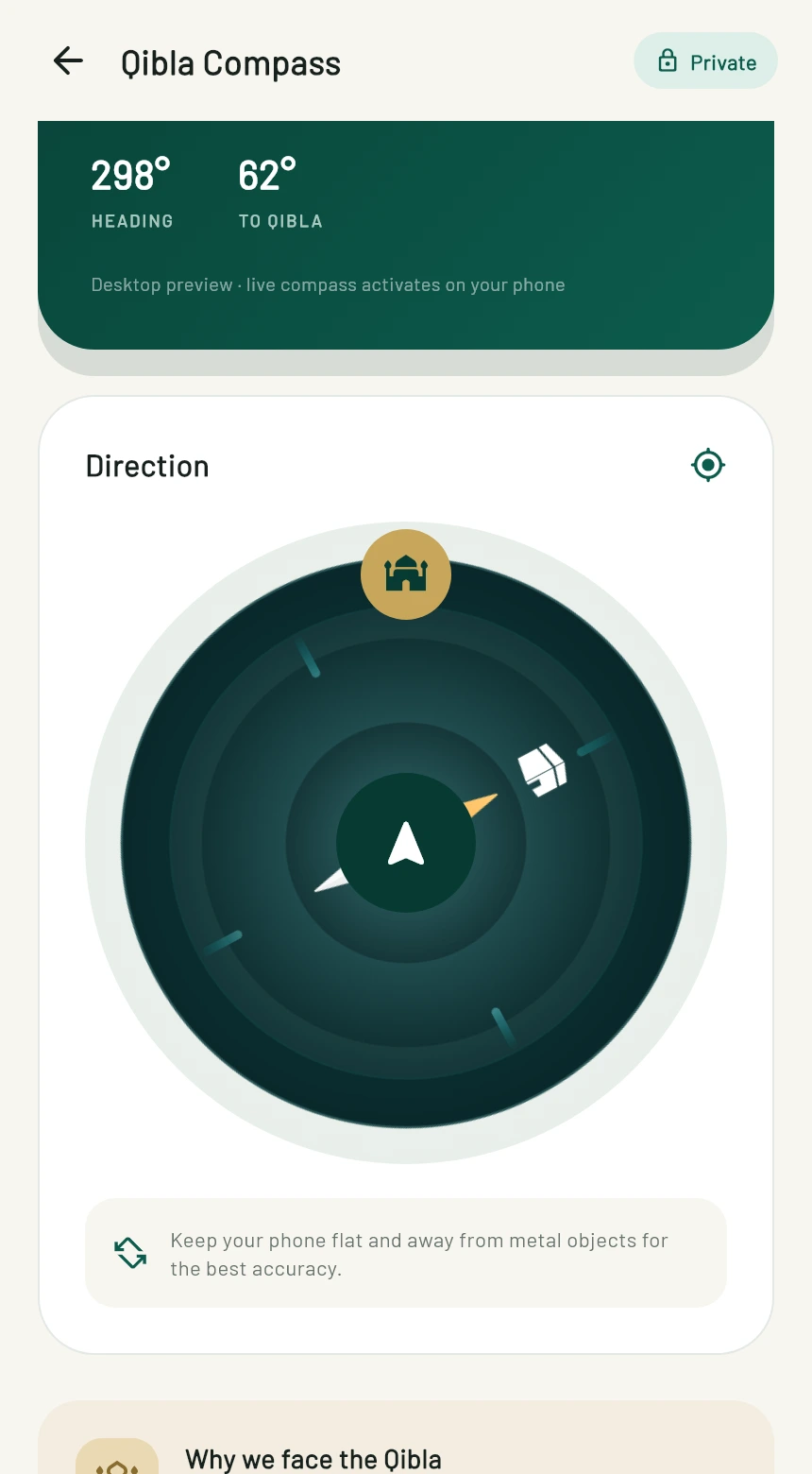 Actual Qiblah Master compass screen from the supplied app, with sample heading