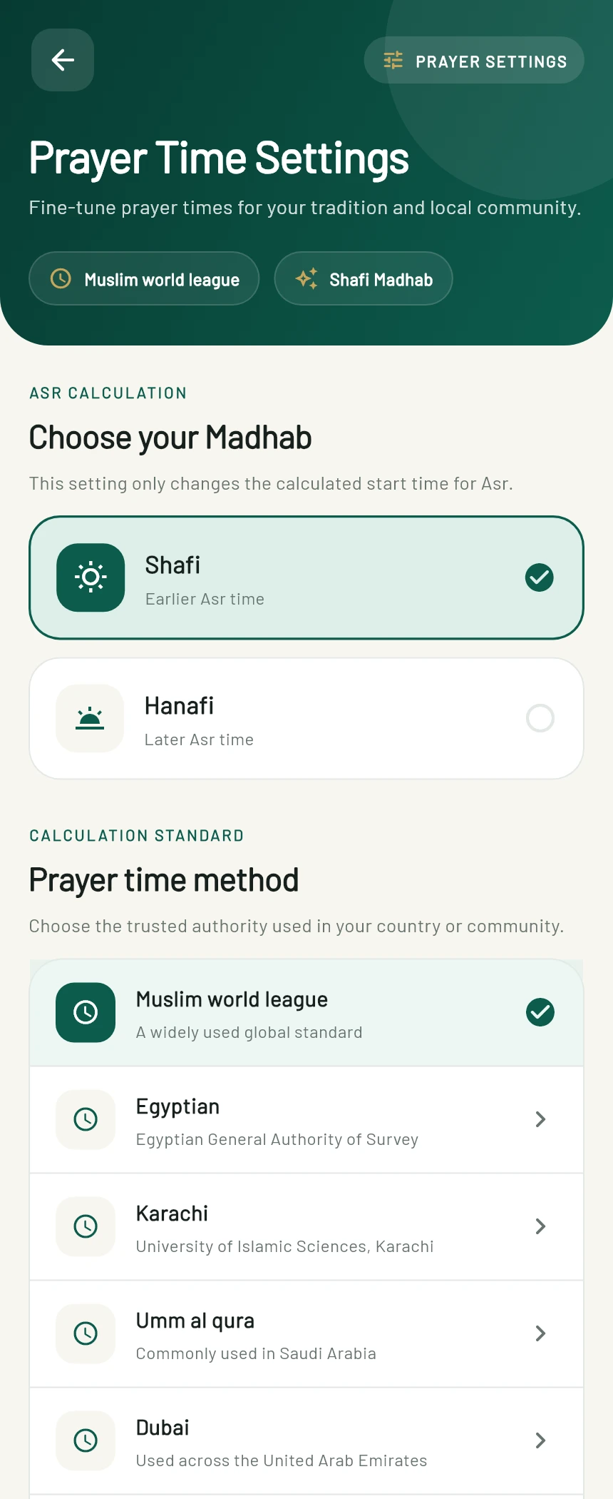 Genuine prayer settings interface with Madhab and calculation-method choices